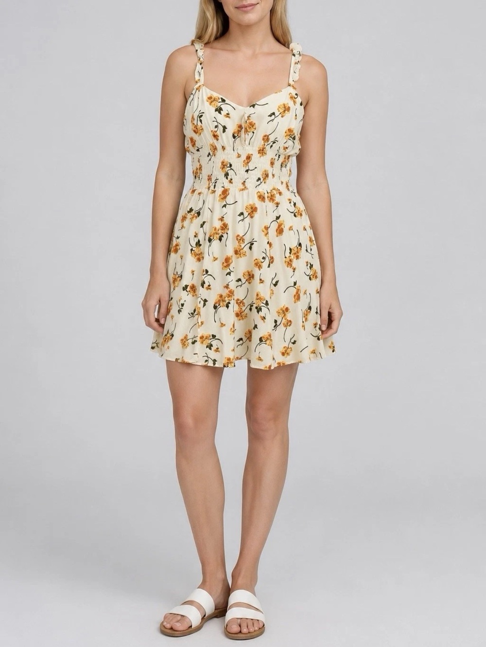 Reformation Cream Floral Tie-Shoulder Mini Dress
